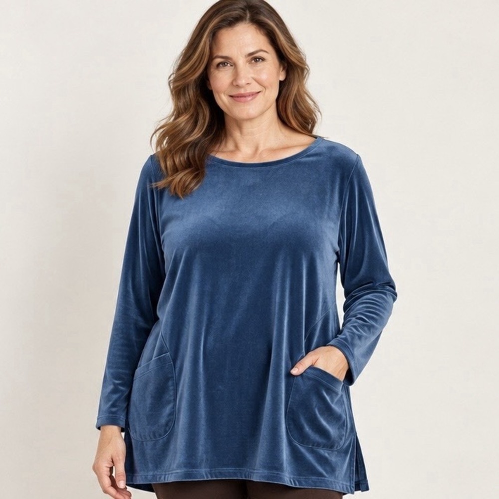 Pure Jill J Jill XL Blue Velour Velvet Tunic Top Long Sleeve Pockets Stretch